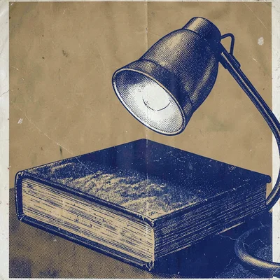 Bold screenprinted poster of a halftone reading lamp curving over a thick volume