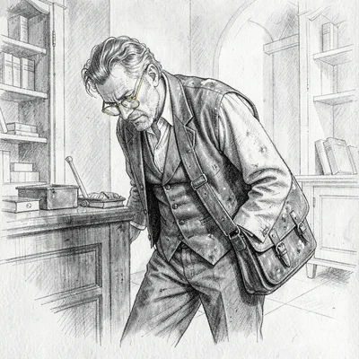 An archivist hunches forward in dust-coated waistcoat, brass spectacles low on h
