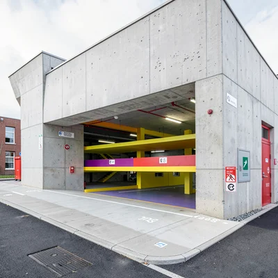 Danish design infrastructure, hygge mechanics, Parking garage with color-coded l