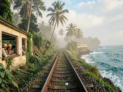 Train passengers coastal view