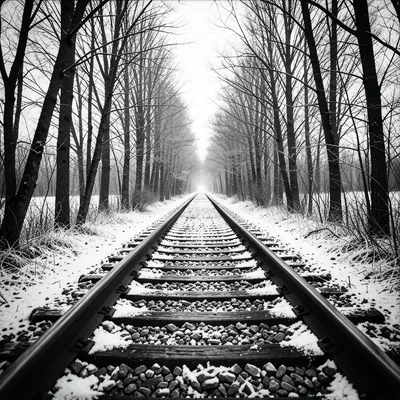 Train tracks converging toward the horizon through a tunnel of bare winter trees