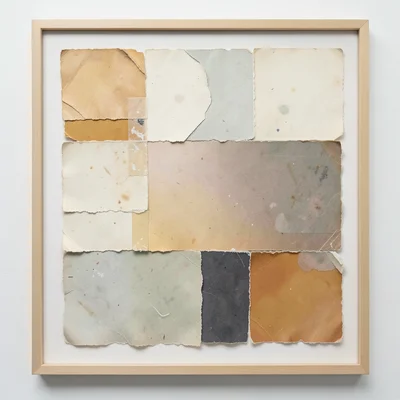 Collage of torn color swatches from paint chips, rectangular tears arranged into
