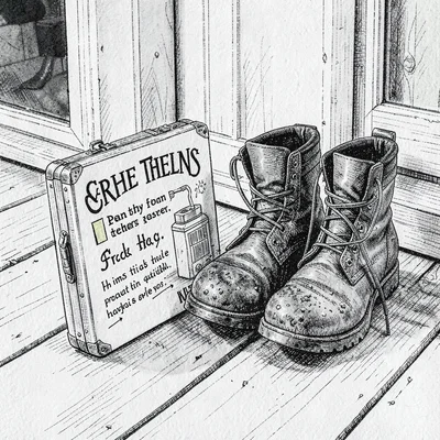 Pen-and-ink editorial of a vet kit case beside a pair of muddy boots on a porch,