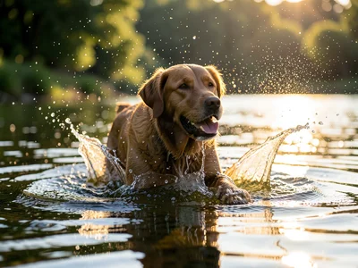 Labrador splashing through shallow lake water, droplets catching sunlight, pure 