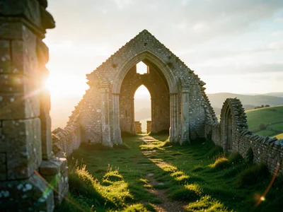 Ruined stone abbey on a hilltop, grass growing through the nave floor, last ligh
