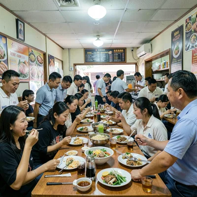 Crowded Thai restaurant during lunch service with servers rushing