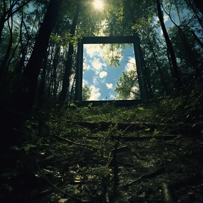 Photo A mirror placed flat on a forest floor reflects