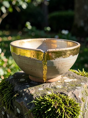 Outdoor still life — repaired bowl on mossy stone, morning light raking across g