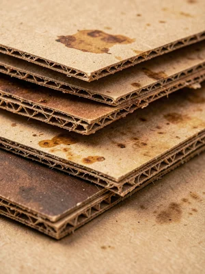 Stacked layers of different vintage cardboard types: corrugated, chipboard, past