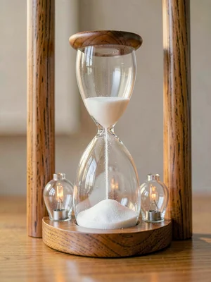 A tall slim hourglass rests showing fine white sand mid-flow between bulbs and a