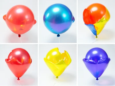 Balloon inflating from flat to full to popped, five stages, colorful