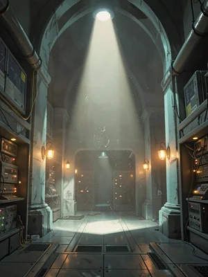 Cathedral-scale sci-fi data archive interior with a single floodlight shaft thro