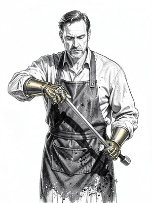 A blacksmith with brass-knuckled mech-glove tips an unseen tongs forward, leathe