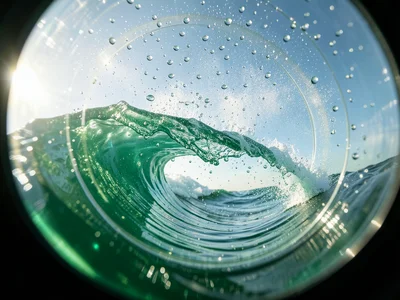 Ocean spray frozen in backlit sunlight — thousands of individual water droplets 