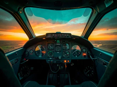 Helicopter cockpit sunset