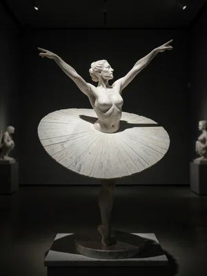A contemporary ballerina in marble, caught mid-pirouette, the tutu carved as a d