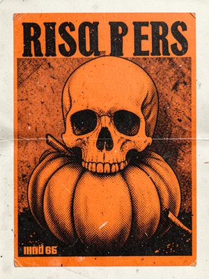 Risograph-printed halloween poster in orange and black, skull and pumpkin