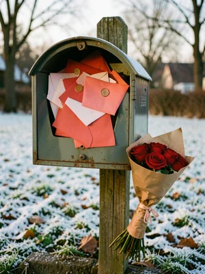 A vintage mailbox overflowing with red and pink envelopes, some with visible wax