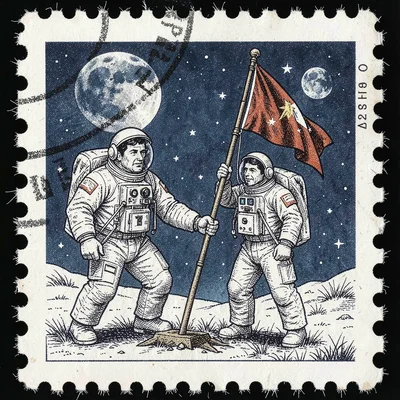 Postage stamp illustration, Moon landing astronaut planting flag , tiny perfect 