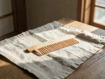 One small carved wooden comb of pale boxwood lying horizontally on flax linen, t