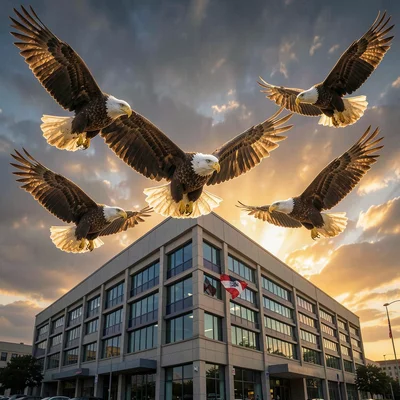 Eagles circling dramatically over a call center building