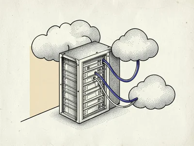 Cross-section sketch of a stylized server rack with cables curling out into stip