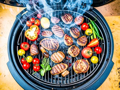 Overhead view of grill with assorted meats and vegetables, smoke rising