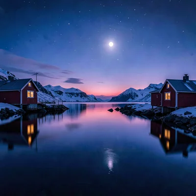 Polar liminal light, extended blue hours, Red wooden cabins reflected in still w