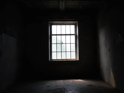 Single window lit in otherwise dark building