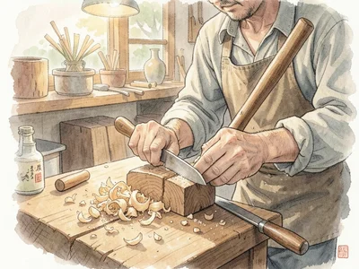 Woodworker carving a joint with a chisel, wood shavings on workbench, warm works
