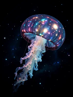 Jellyfish with galaxy patterns in bell, floating in space-like dark water, biolu