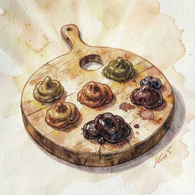 Warm illustration of a wooden palette with rich oil mounds in earth pigments, su