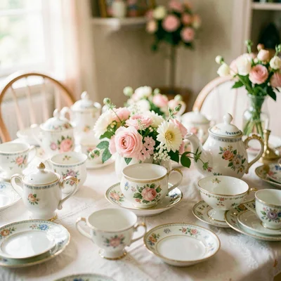 Tea party setup with mismatched china