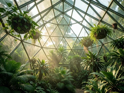The interior of a geodesic dome greenhouse: the triangulated glass panels, hangi