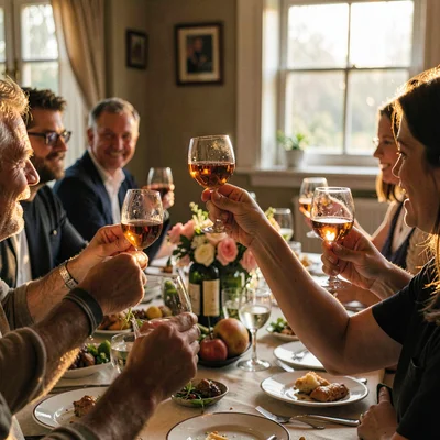 Mid-feast table scene, abundant hospitality, Hand holding a wine glass up to win