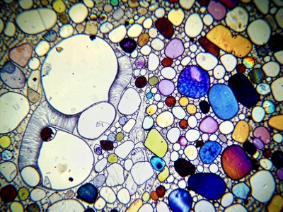 A granite thin section in cross-polarized light showing quartz, feldspar, and bi