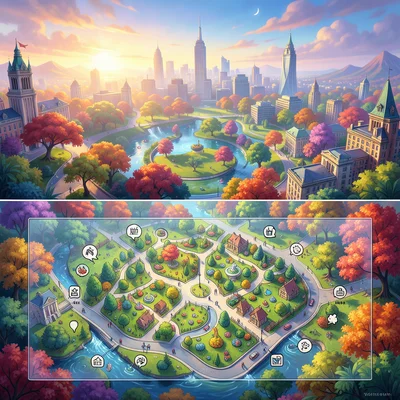 City park photo from above transitioning to illustrated park map with icons