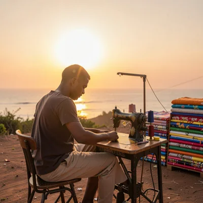 Peachy golden Dakar sunset light through sea haze, Tailor at sewing machine outd