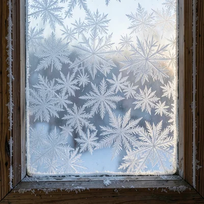 Frost patterns on an old single-pane window with wooden frame, the wood cold eno