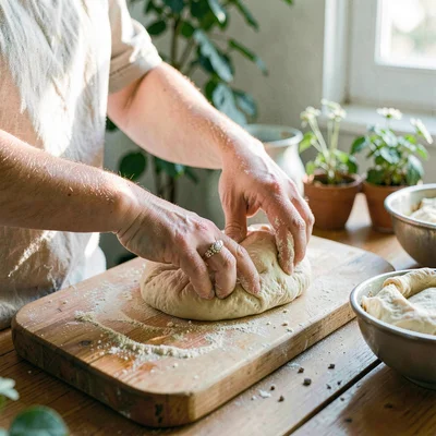 Fresh Alpine atmosphere, gentle pastoral quality, Hands kneading bread dough on 