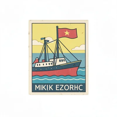Czech matchbox label illustration, a ship on the sea with simple flag , vintage 