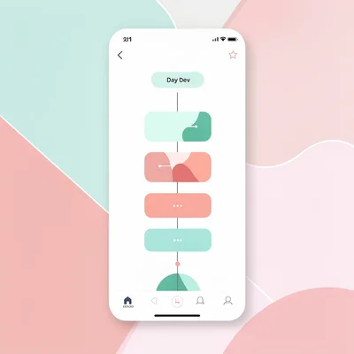 Flat UI app store screenshot of a day view screen, vertical timeline with abstra