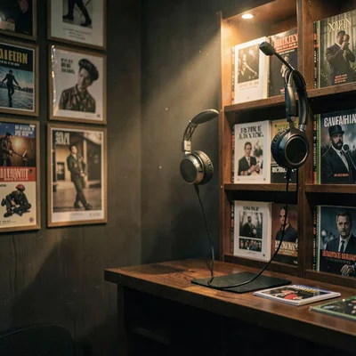 Slow-light photograph of a listening booth with headphones on a hook and a wall 