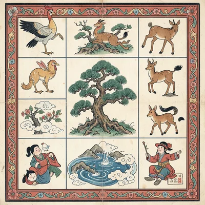Ten longevity symbols arranged in an ornamental grid — crane, deer, pine, water,