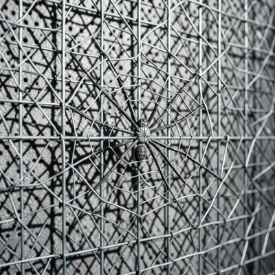 Wire sculpture of spider in web, delicate construction, shadow casting on wall