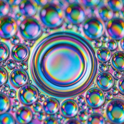 Extreme macro of single oil droplet boundary on water, interference rainbow ring
