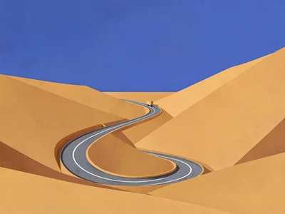 Quarry haul road spirals down an ochre pit under a vast lapis sky, hard noon lig