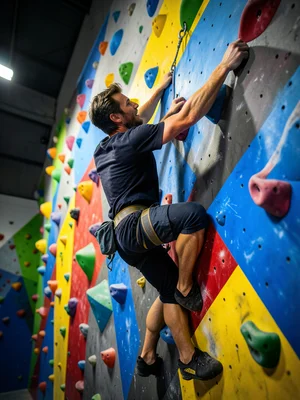 Rock climber reaching for a hold on a colorful indoor climbing wall