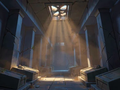 Endless crypt corridor with a single ceiling-grate shaft over stone sarcophagi, 
