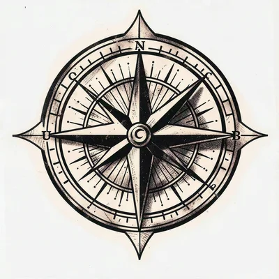 Traditional tattoo flash illustration, Compass rose with cardinal directions , b